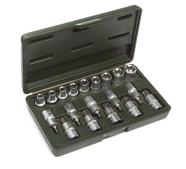 623719 Набор головок TORX 1/2" Головки: E10,E11,E12,E14,E16,E18,E20,E22,E24,  Головки со вставками: